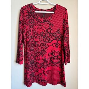 Amanda Green Red Black Damask Knit Sweater Dress M Goth Victorian Witchy Stretch